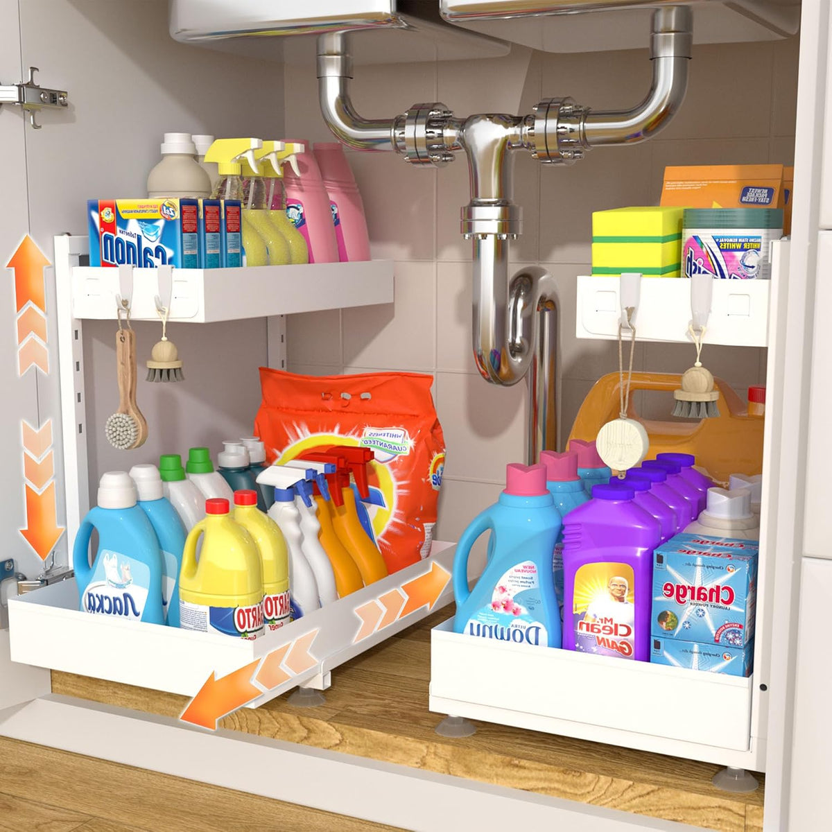 TATAANTY Under Sink Organizer, L-Shaped Metal 2-Tier Double Pull-Out Drawer for Kitchen & Bathroom Cabinets, Adjustable Height Storage - 50lbs Heavy Duty Waterproof 2PCS Height Adjustable - Field & Nook