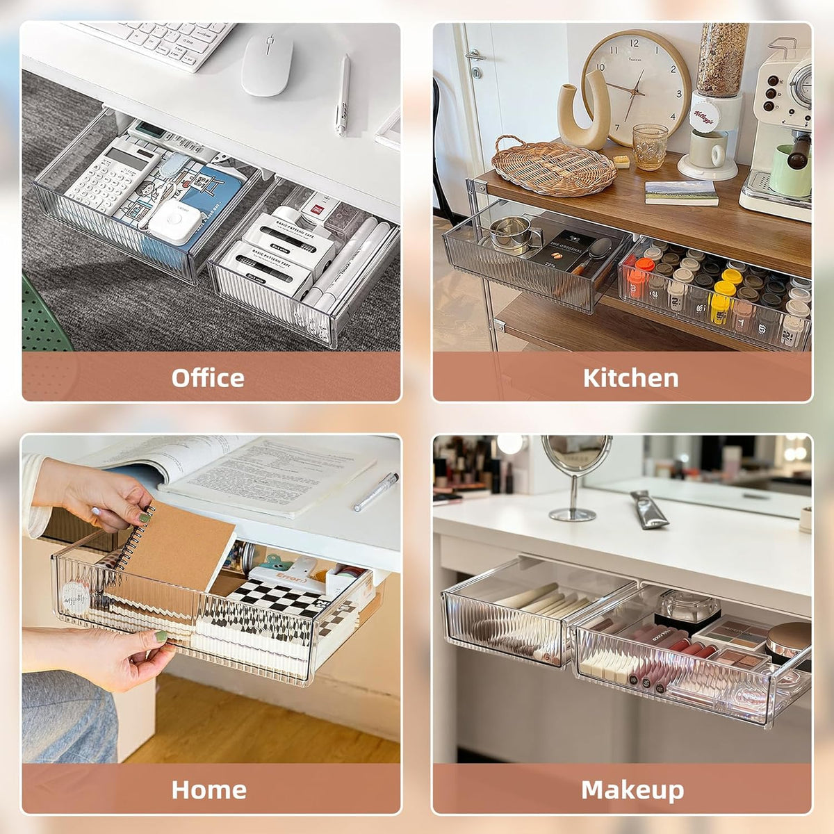 2Pcs Under Desk Storage Drawers Slide Out,Large&Medium,Stick On Drawers,Under Desk Organizer Hidden Under Table Drawer for Home Office School Organization and Storage-Clear White - Field & Nook