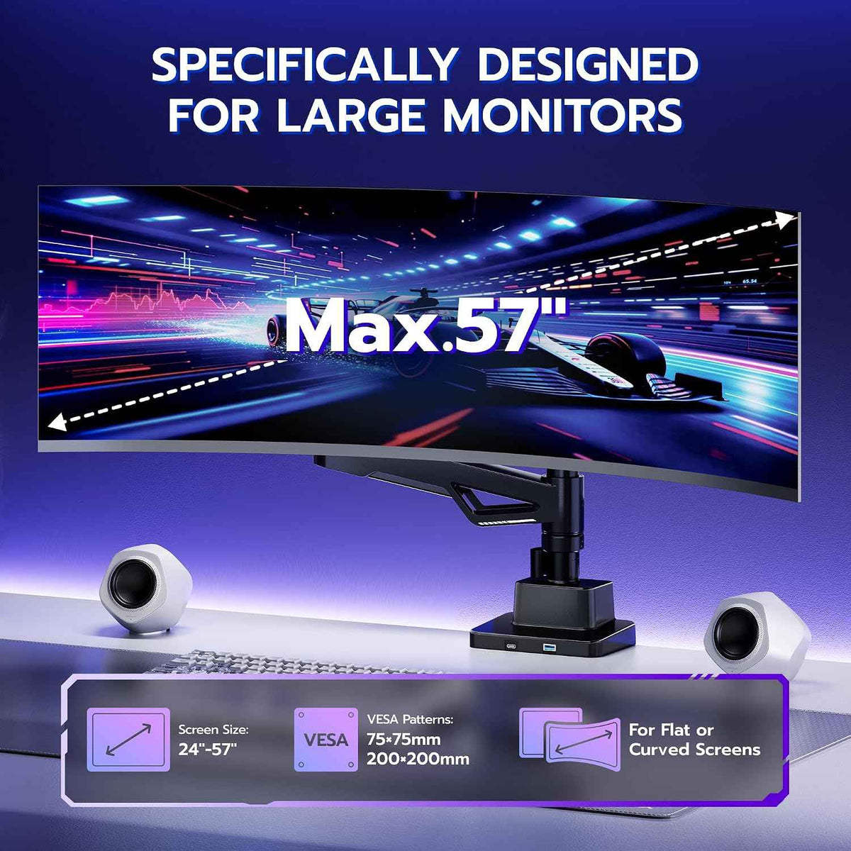 ARES WING Heavy-Duty Gas Spring Ultrawide Monitor Arm 57"66Lbs USB VESA | Height Adjustable & Extendable, Built-in USB Port, Multi VESA Compatible, Clamp & Grommet Base, For Large Ultrawide Monitor