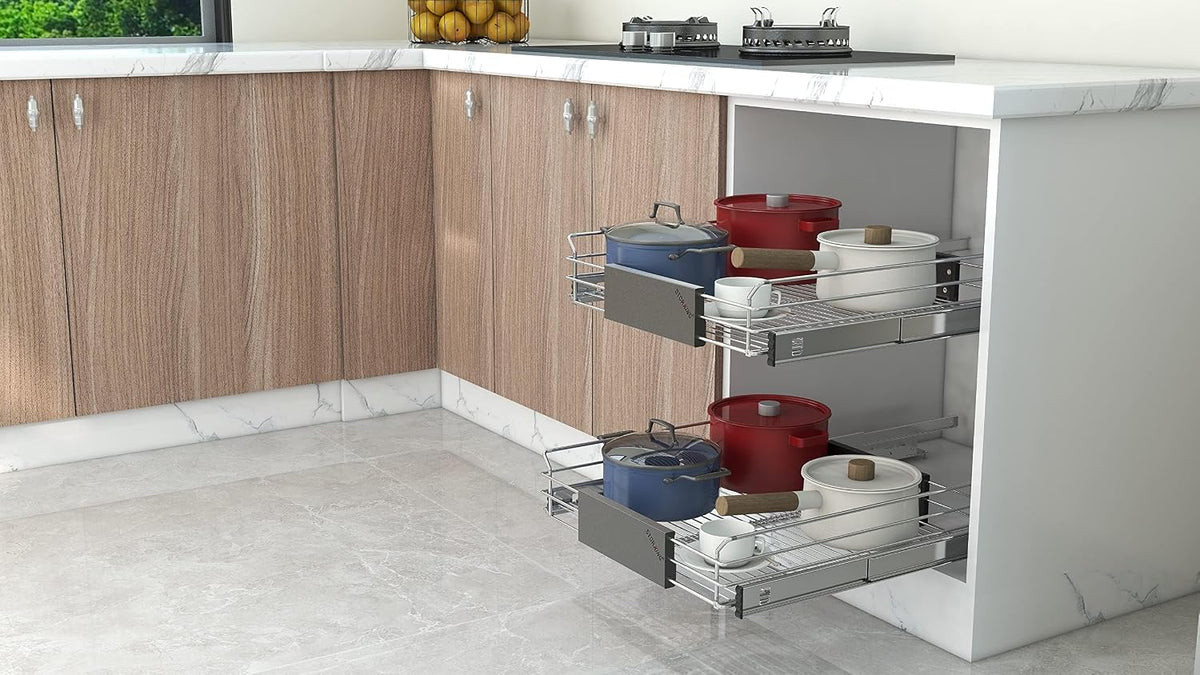 Expandable Pull Out Cabinet Organizer, 12.5~20.2" W x 17.3" D