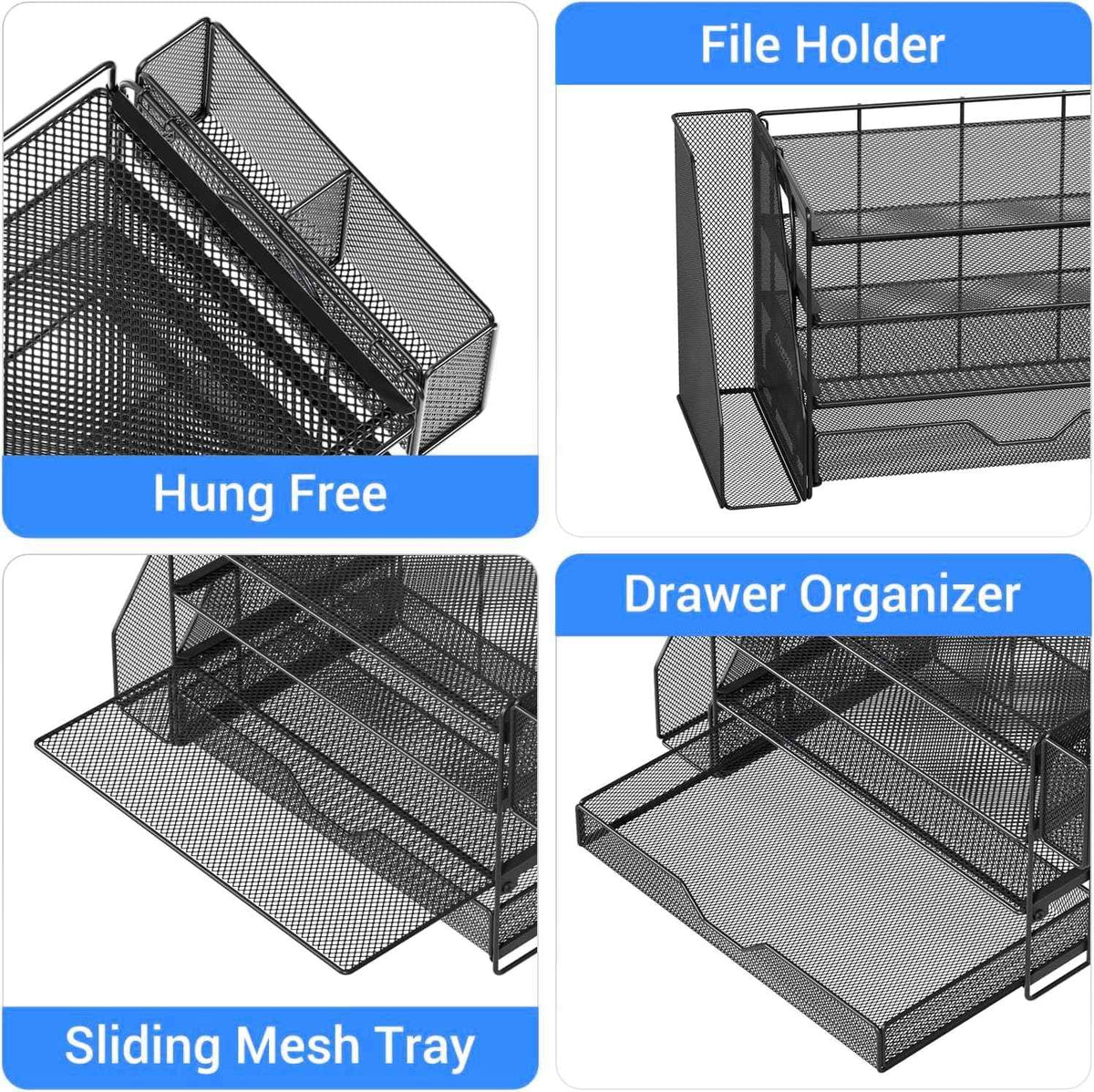 Desk Organizers and Accessories, 4-Tier Desktop File Organizer with Drawer and Pen Holders, Office Desk Accessories Workspace Organizers for Office Supplies (Black)
