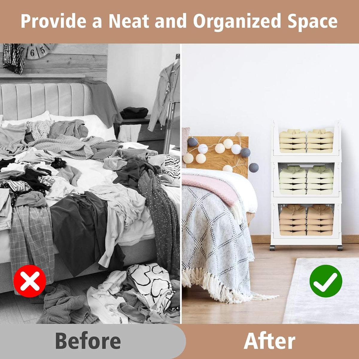 Stackable Storage Bins, Folding Collapsible Closet Organizers and Storage Bins Box, Plastic Shelves Drawer Organizer Container for Closet Office Bedroom Kitchen Bathroom with Wheels, White, 3 Pack - Field & Nook