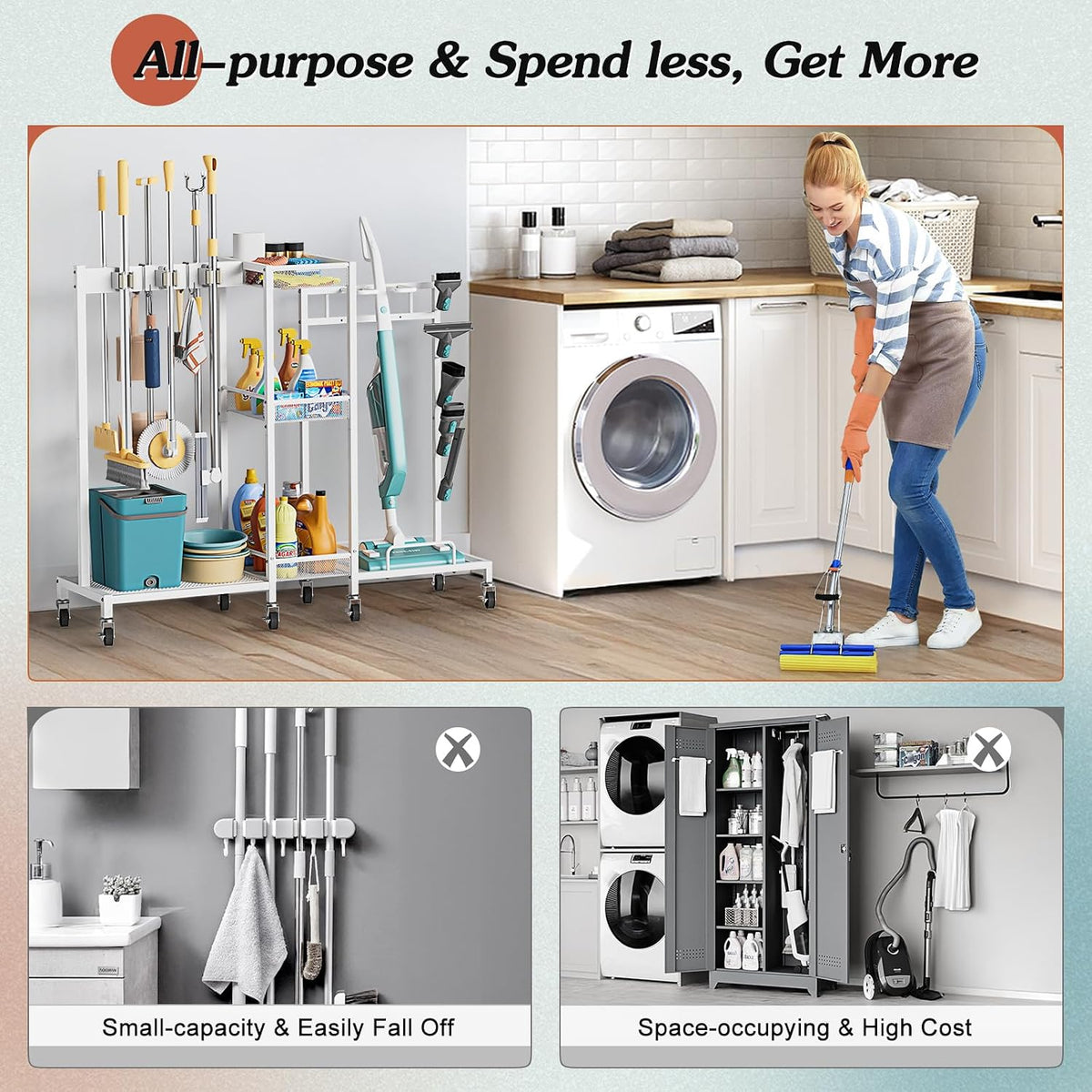 Broom Holder with Cleaning Supplies Organizer, Broom Closet Storage Cabinet with Cleaning Caddy Vacuum Stand, Cleaning Cart with Mop Hanger Gripper Rack Hook, Laundry Room Organization Home Essentials - Field & Nook