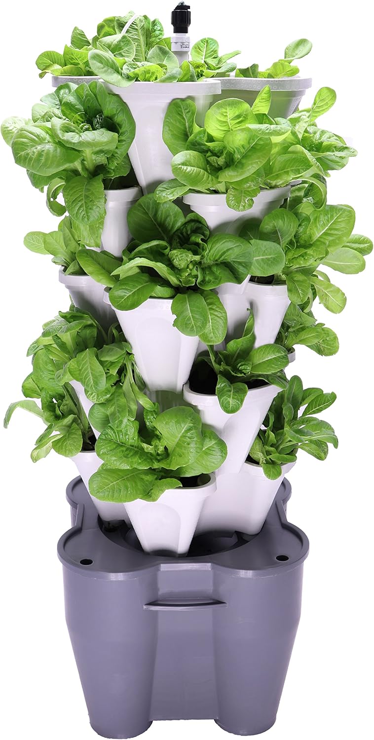 Mr. Stacky Smart Farm - Automatic Self Watering Garden - Grow Fresh Healthy Food Virtually Anywhere Year Round - Soil or Hydroponic Vertical Tower Gardening System (Standard Kit, Stone)