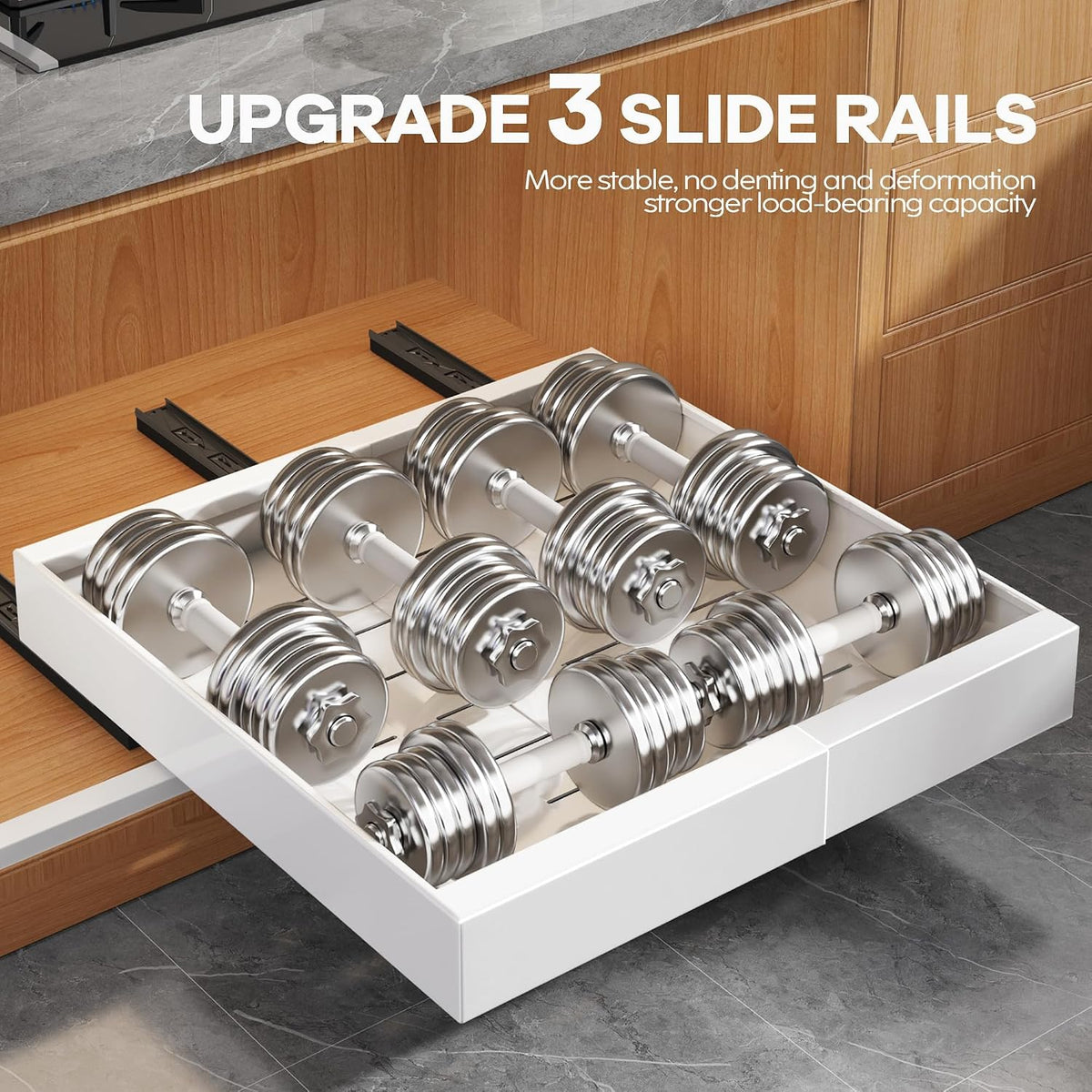 Seinloes 2Pack Expandable Pull Out Cabinet Organizer 21"Deep With Raising Pad for Framed Cabinets, Upgrade 3 Slide Rails Slide Out Drawers, Roll Out Shelves Adhesive,Adjustable Width 12.05"-20.4"White - Field & Nook