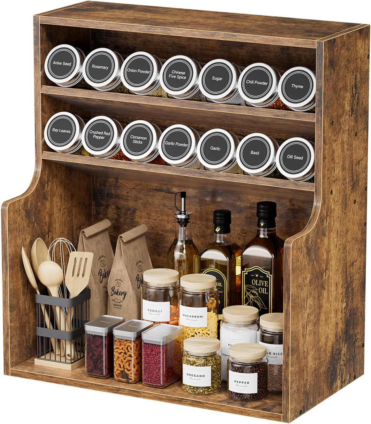 Simple Trending Spice Rack Organizer, 3 Tire Wood Kitchen Counter Spice Rack, Large Counter Seasoning Organizer Storage Shelf for Pantry, Kitchen, 7” W × 14.3” H, Brown - Field & Nook
