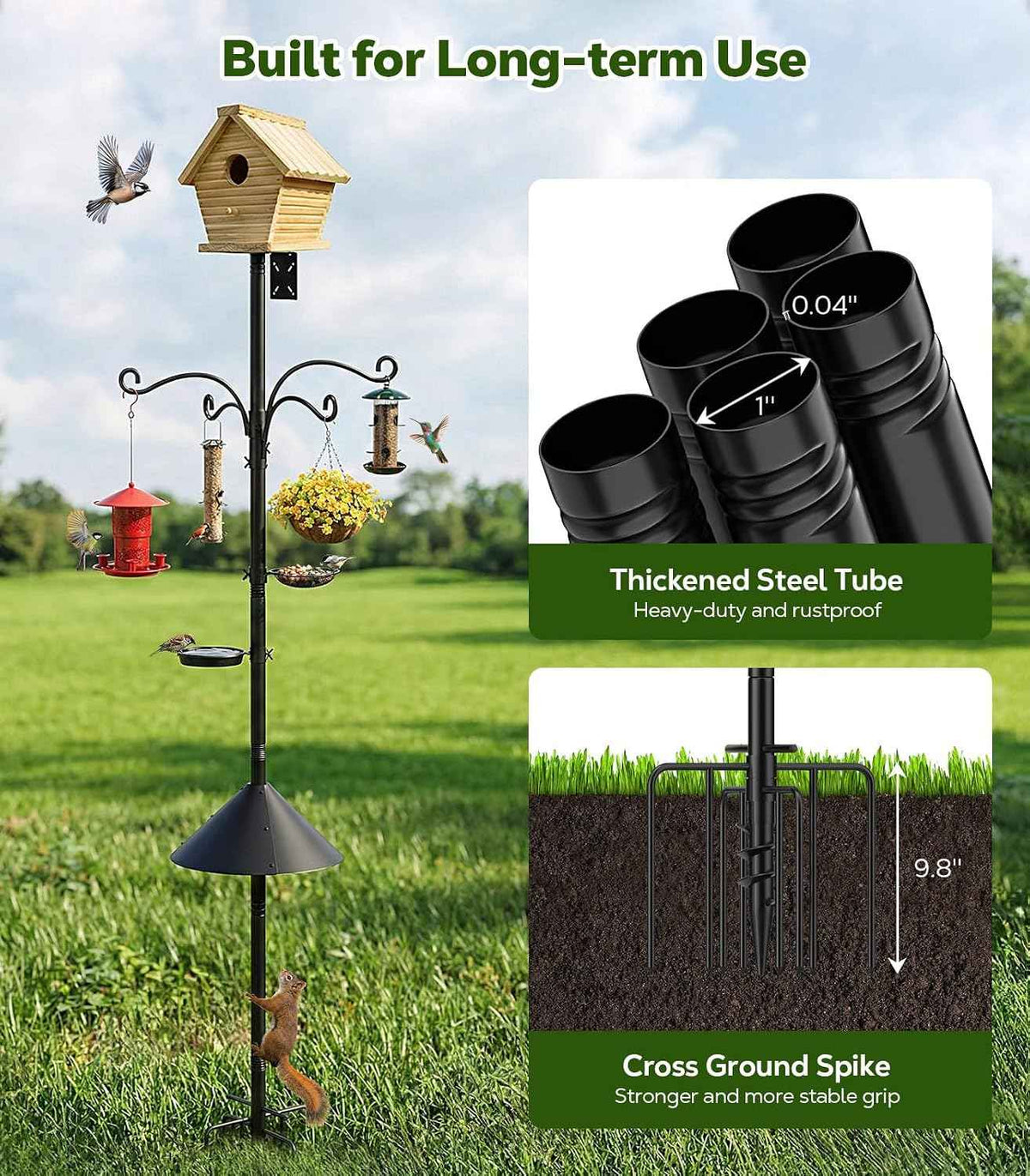 MoKo Bird Feeder Pole, 92 in Bird House Pole Squirrel Baffle 9 Prong Base | Bird Feeding Station Heavy Duty, Includes Water Bowl and Mesh Tray for Feeding, for Gardens No Bird House, Black