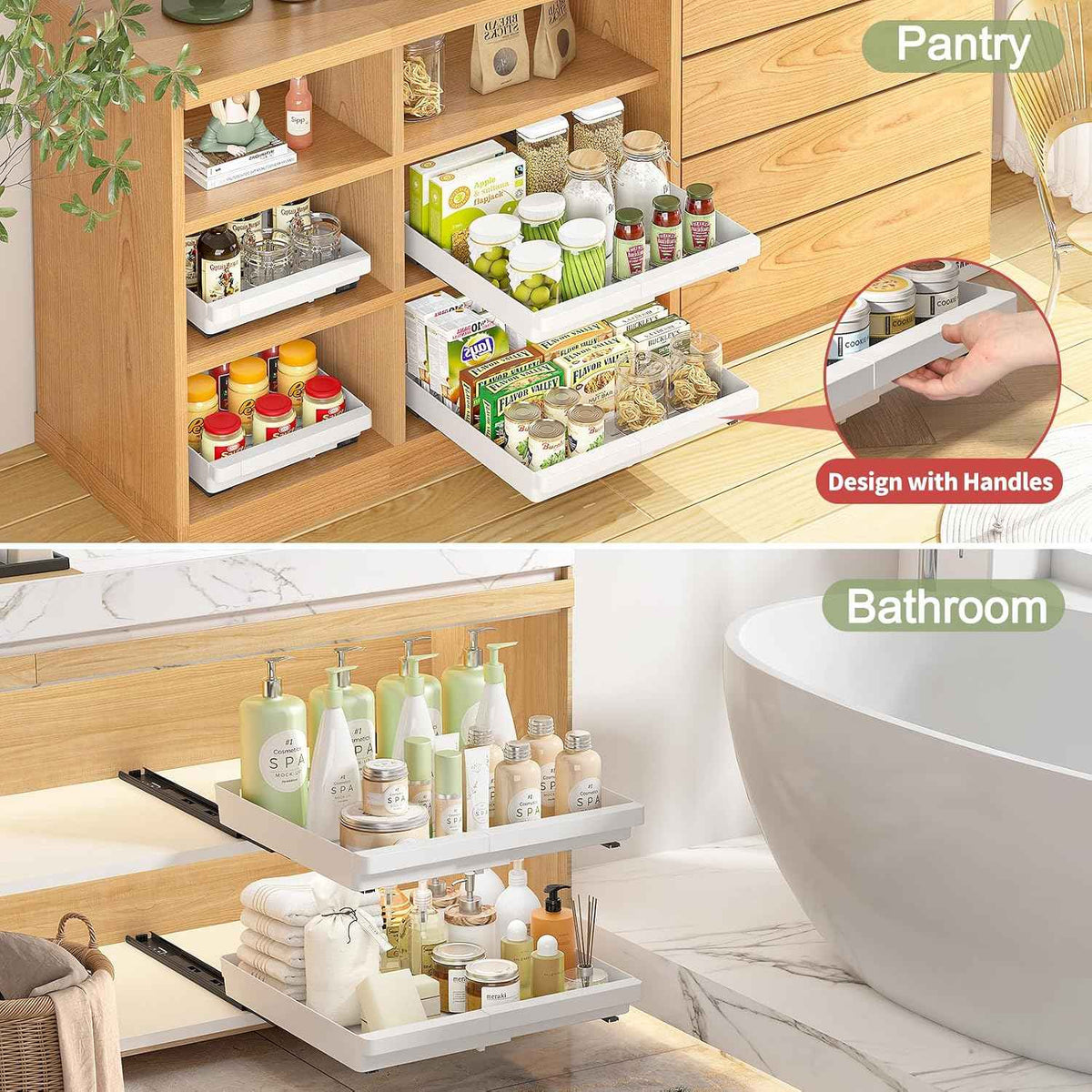 DOMNIU Pull Out Cabinet Organizers, White, 2 Pack
