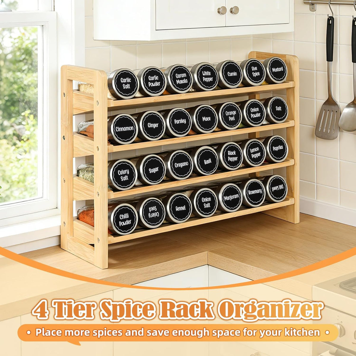 4-Tier Spice Rack Seasoning Organizer for Cabinet Pantry Countertop | Save Vertical Space, Bamboo Material with Aesthetic Design, Easy to Pick and Quick to Assemble - Field & Nook