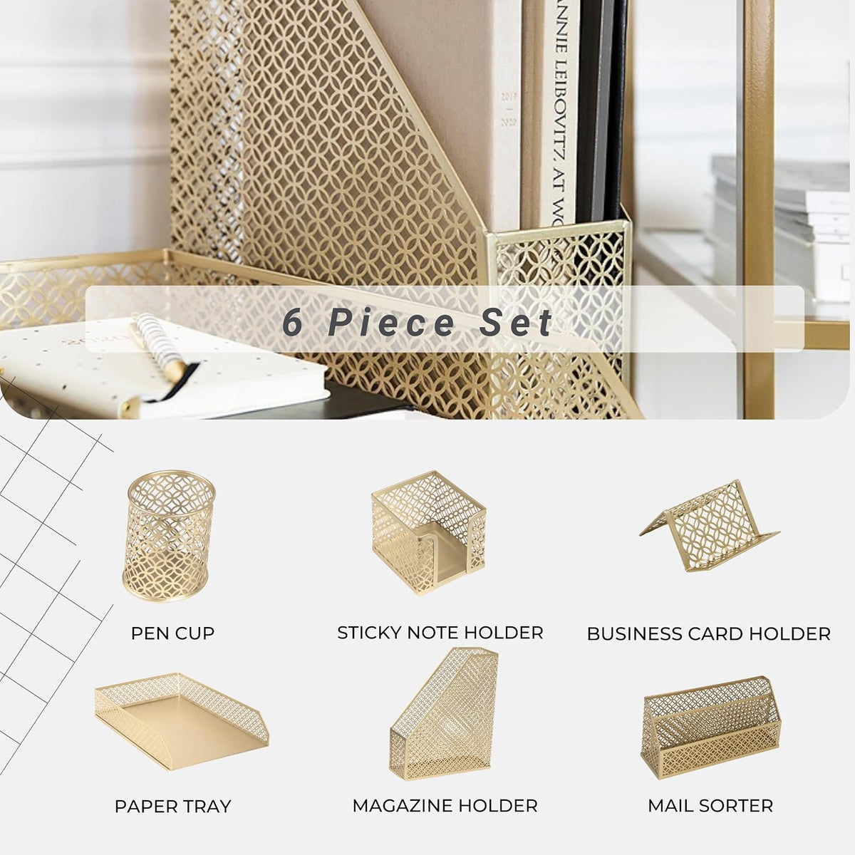 BLU MONACO | Gold Desk Organizer Set with Mail Sorter, Sticky Note Holder, Pen Cup, Magazine Holder, Letter Tray & Business Card Holder | Stylish Desk Accessories for Women & Home Office Décor - Field & Nook