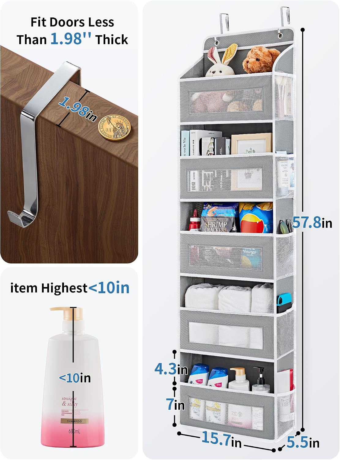 Over the Door Organizer for Bedroom – 5 Shelf Grey - Field & Nook