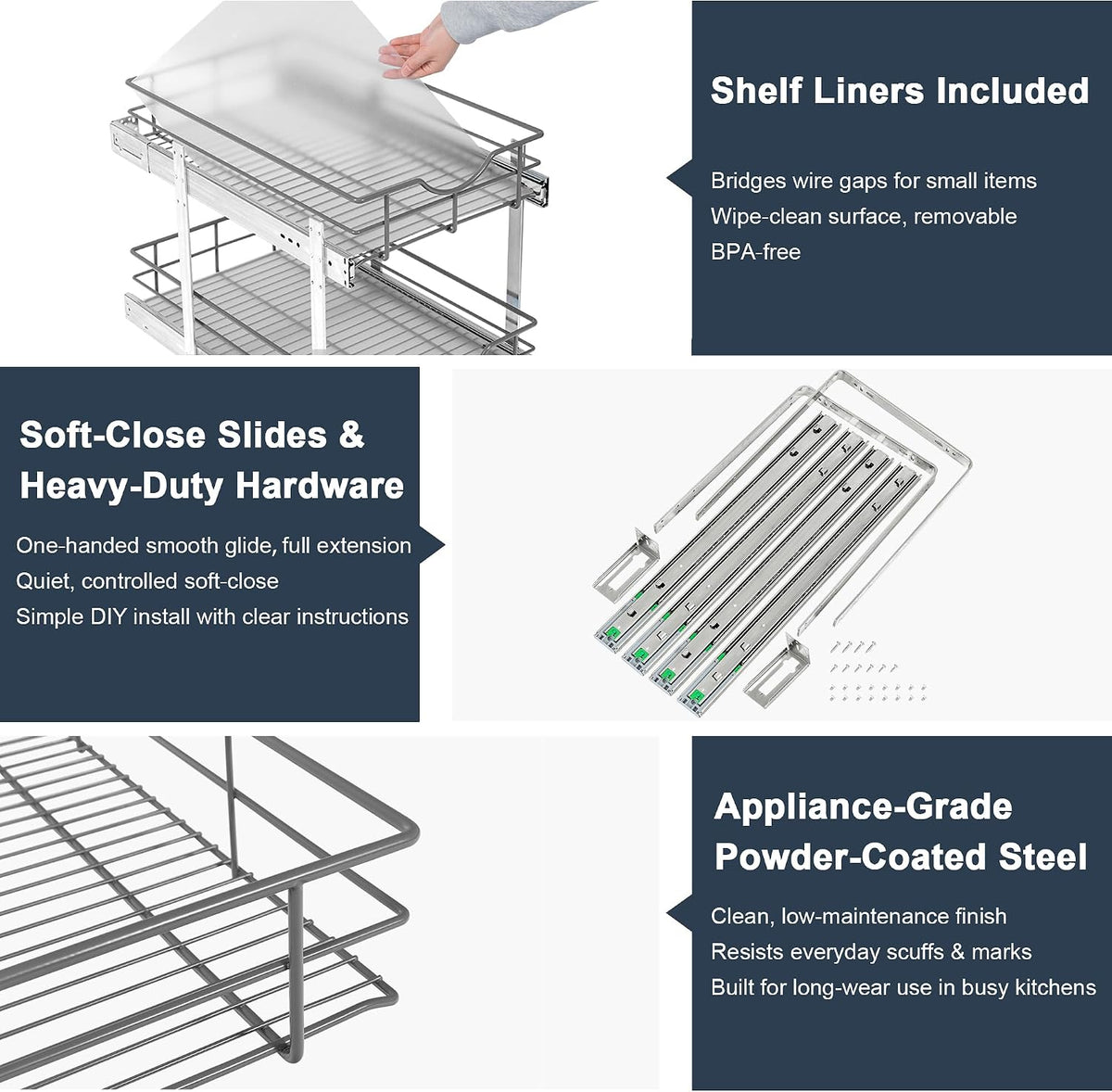 2 Tier Pull Out Cabinet Organizer - 8" W x 22" D Soft Close Slide Out Shelves with Shelf Liners - Pullout Drawers for Kitchen Cabinets, Pantry, Bathroom, Heavy Duty Steel Wire Baskets - Field & Nook