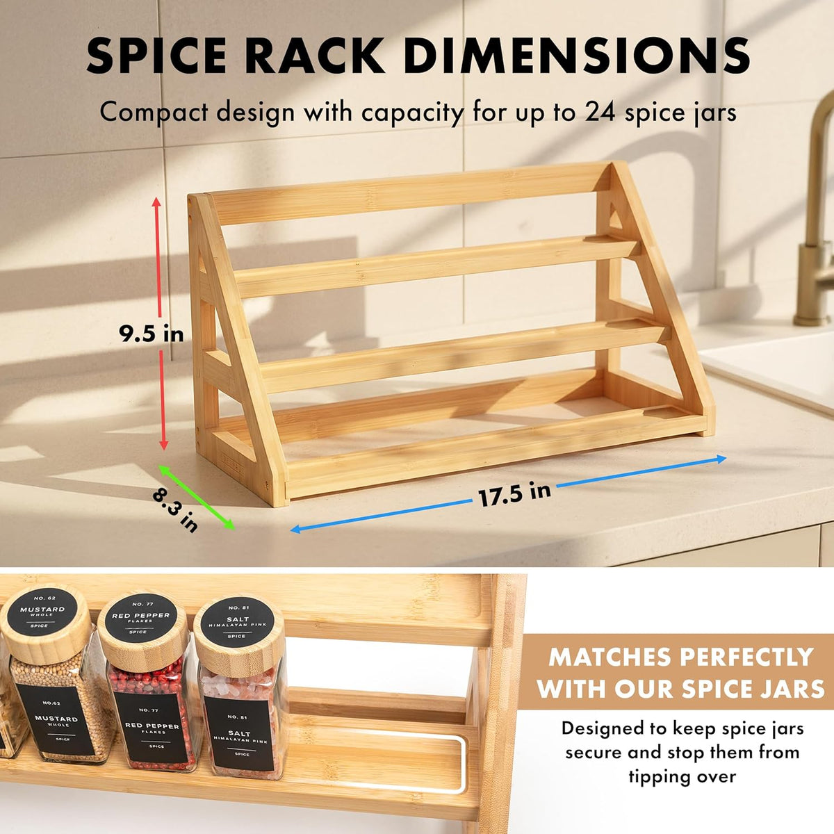 3 Tier Bamboo Spice Rack Organizer for Cabinet – Fits 24 Spice Jars, 17.5” Wide Countertop & Cabinet Organizer for Kitchen Organization, Seasoning Organizer Shelf (Jars Not Included) - Field & Nook