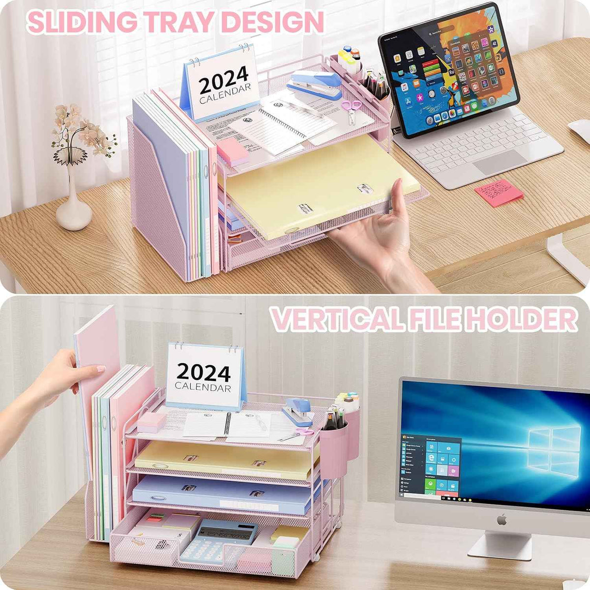 Desk Organizer, 4-Tier Desktop File Organizer with Drawer and Pen Holders, Office Desk Accessories, File Sorters, Workspace Organizers for Office Supplies(Pink)