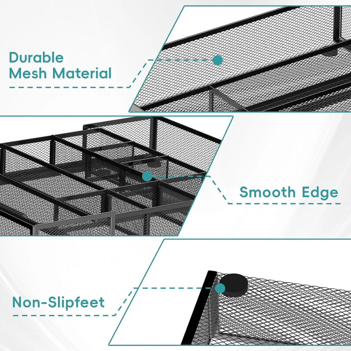 2 Pack Expandable Desk Drawer Organizer, 10 Compartments, Black | Metal mesh drawer organizer tray with 5 removable dividers, expands from 8.74 to 16 in for office supplies, makeup or tools - Field & Nook