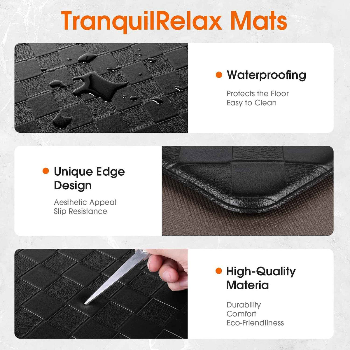 TranquilRelax 2-Piece Kitchen Mats, Cushioned Non-Slip Floor Mats, Black | Kitchen mats for floor, water-resistant anti fatigue mats for kitchen floor,laundry & entryway, 17.3 x 30 and 17.3 x 47 in