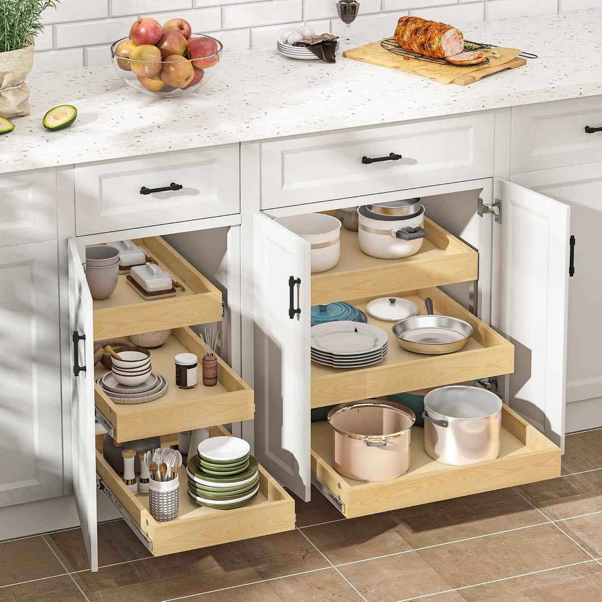 WelFurGeer 3-Tier Pull Out Cabinet Organizer, Birch Wood