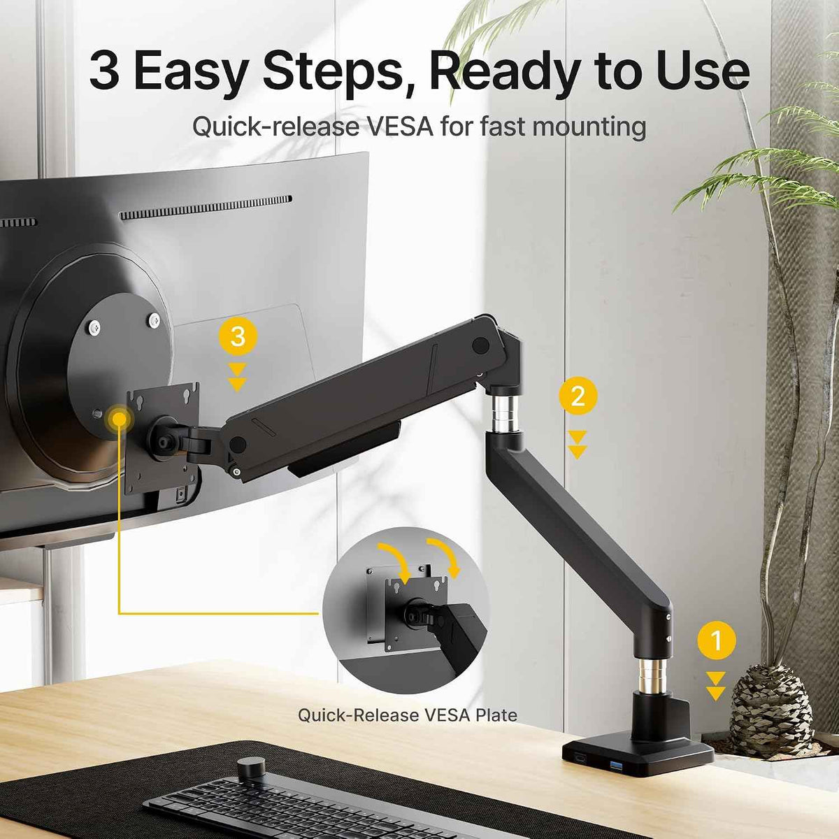 monTEK Single Monitor Arm for Max 45 Inch Ultrawide Screens, Holds 35 Lbs | Adjustable Monitor Desk Mount with C Clamp/Grommet Desk Mount, Cable Management, VESA 75/100mm, Black