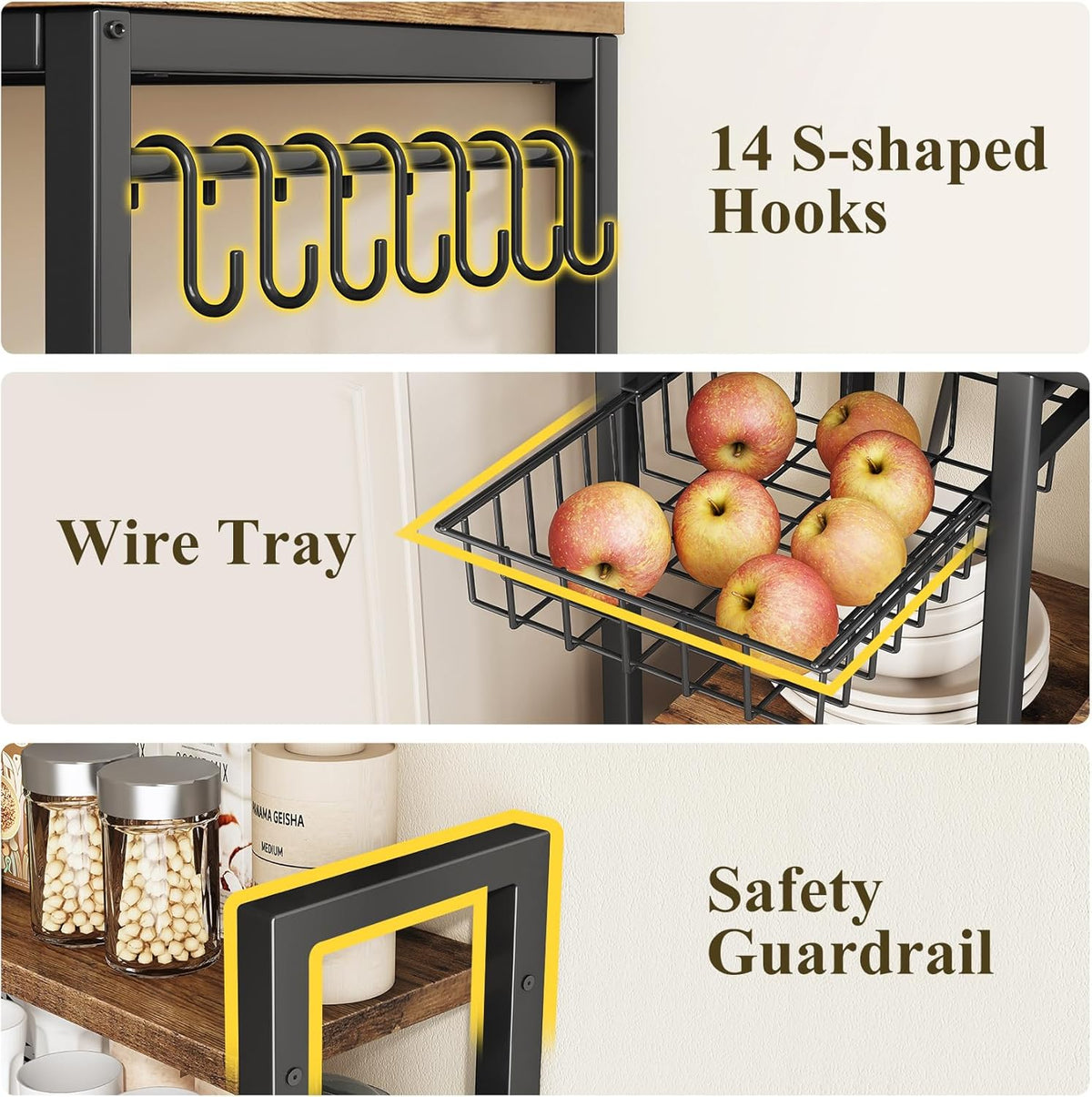 6-Tier Baker's Rack with Power Outlets | Rustic Brown, Metal & Wood, 72" Kitchen Shelf with Pull-Out Basket