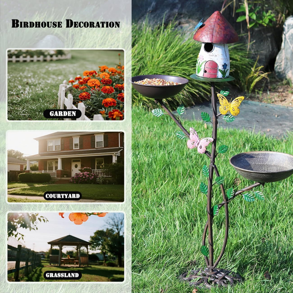 Metal Bird Houses for Outside with Pole, Multi-Bird Baths for Outdoors | Metal Bird House with Bird Feeder and Bird Bath,Outdoor Garden Lawn Decor,Cast Iron Base