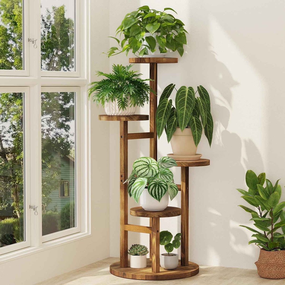 iDavosic.ly 4 Tier Plant Stand Indoor, Tiered Corner Wood Multiple Flower Holder Shelf, Tall Orchid Display Rack for Patio Porch Living Room Balcony Outdoor, Brown