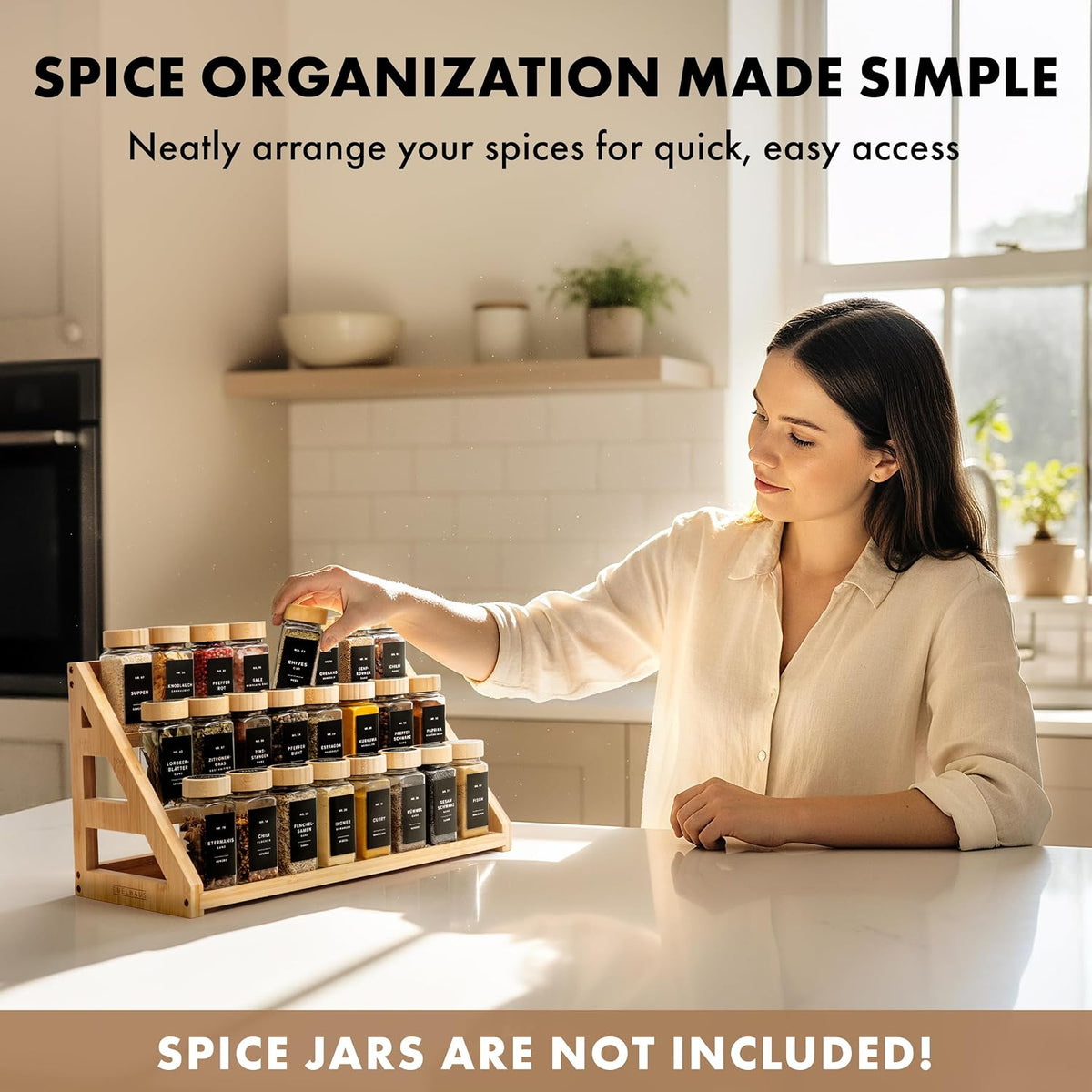 3 Tier Bamboo Spice Rack Organizer for Cabinet – Fits 24 Spice Jars, 17.5” Wide Countertop & Cabinet Organizer for Kitchen Organization, Seasoning Organizer Shelf (Jars Not Included) - Field & Nook
