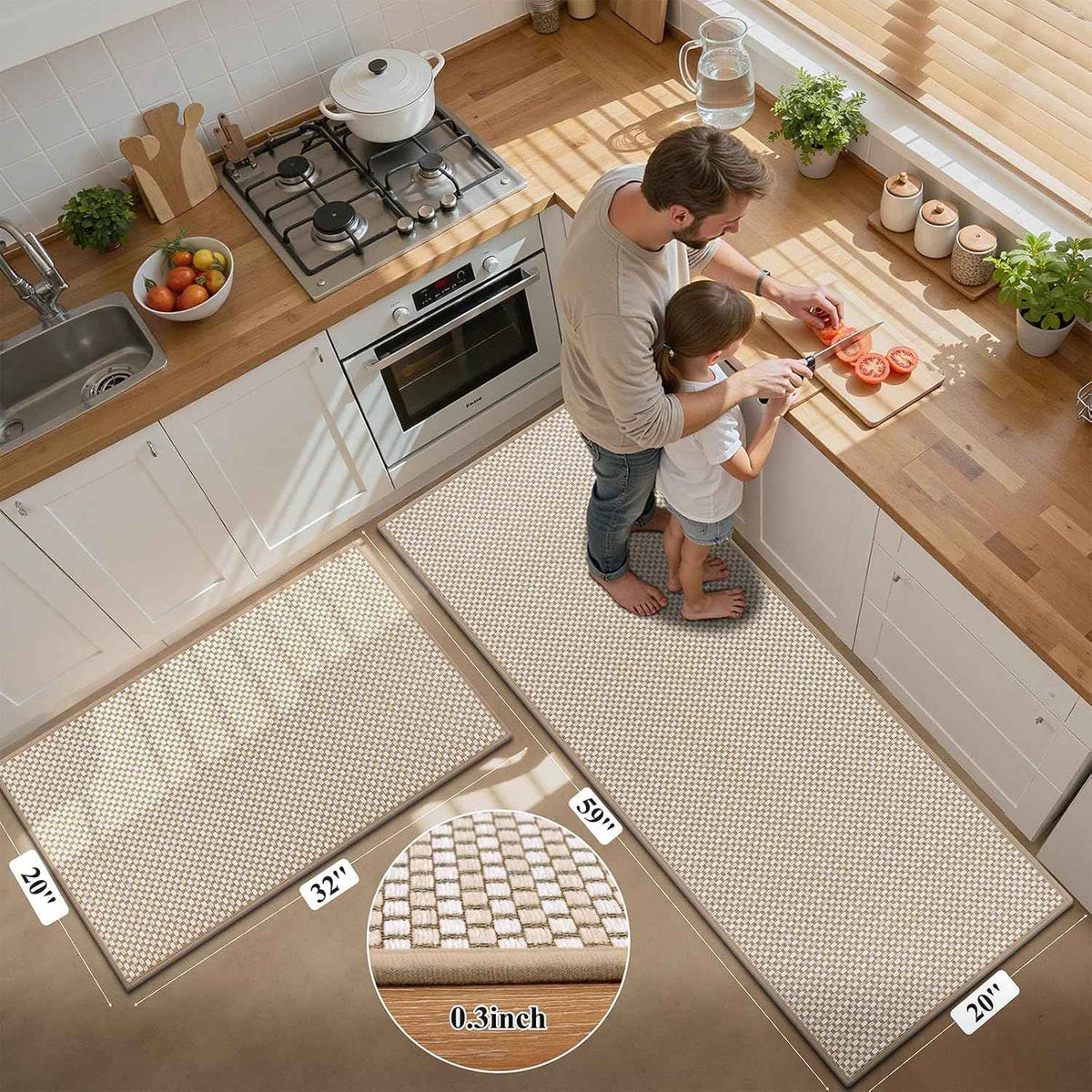 HEBE Kitchen Rugs Sets of 2 Non Slip Washable,20"x59"+20"x32" Cushioned Rubber Kitchen Mats for Floor,Stain Resistant Kitchen Carpet Runner Rug for Hallways, Front of Sink, Laundry