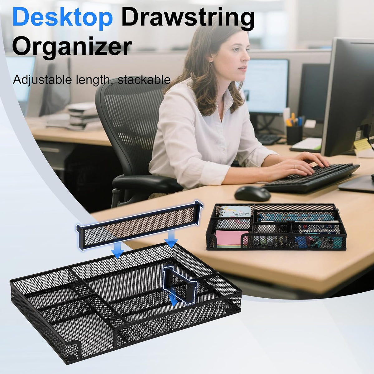Desk Organizer, Desk Drawer Organizer Tray with Adjustable Dividers, Black Desktop Metal Mesh Office Desk Organizer, Stackable Multifunctional Pen Organizer for Office School Home Makeup Supplies (1) - Field & Nook