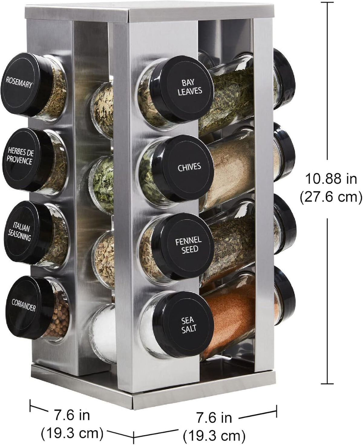 Kamenstein 16 Jar Heritage Revolving Countertop Spice Rack Organizer with Spices Included, FREE Spice Refills for 5 years, Brushed Stainless Steel with Black Caps - Field & Nook