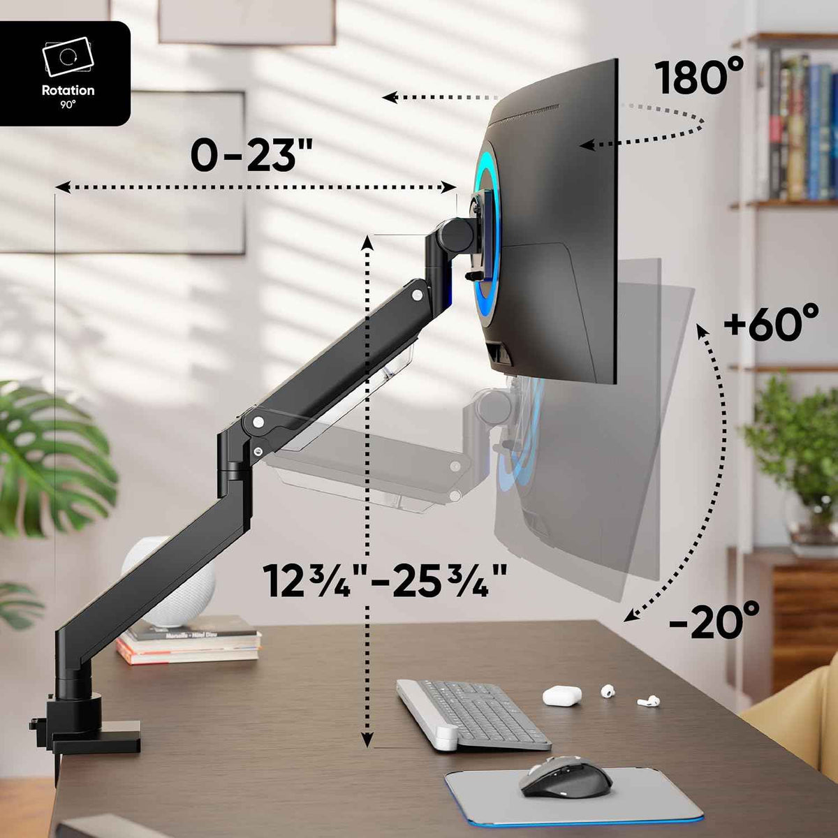 ONKRON Heavy Duty Monitor Arm for 17-57 Inch Screens up to 59.4 lbs, Ultrawide Screen Mount with Adjustable Gas Spring, VESA 75x75-200x200, Single Arm Monitor Mount for Desk, Clamp & Grommet Black | Ultrawide monitor mount with 23" extension, gas sprin...
