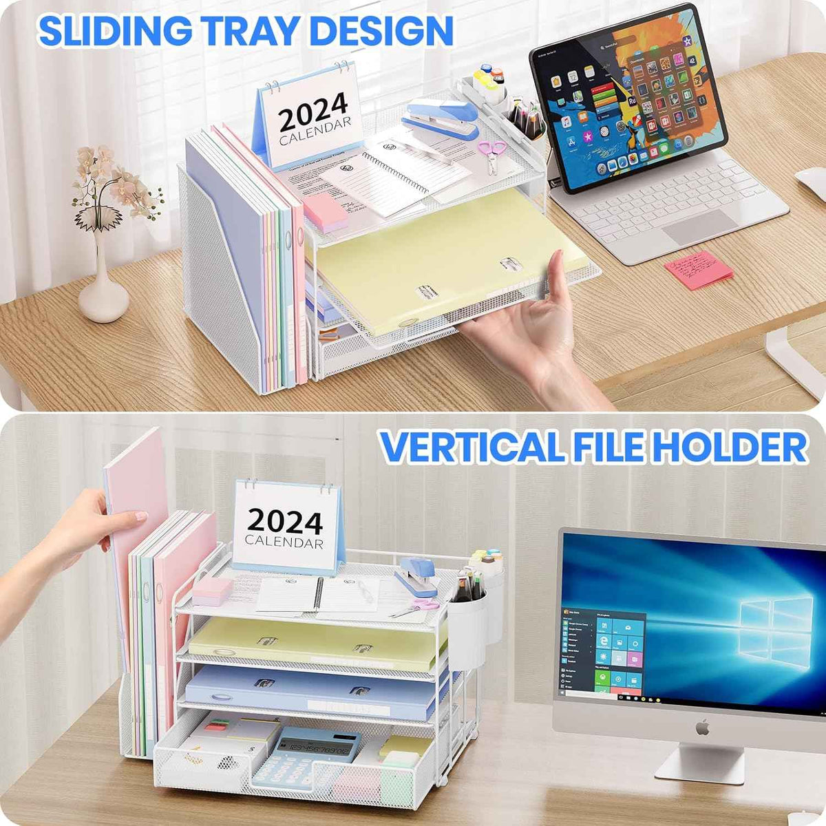 Desk Organizer, 4-Tier Desktop File Organizer with Drawer and Pen Holders, Office Desk Accessories, File Sorters, Workspace Organizers for Office Supplies(White)