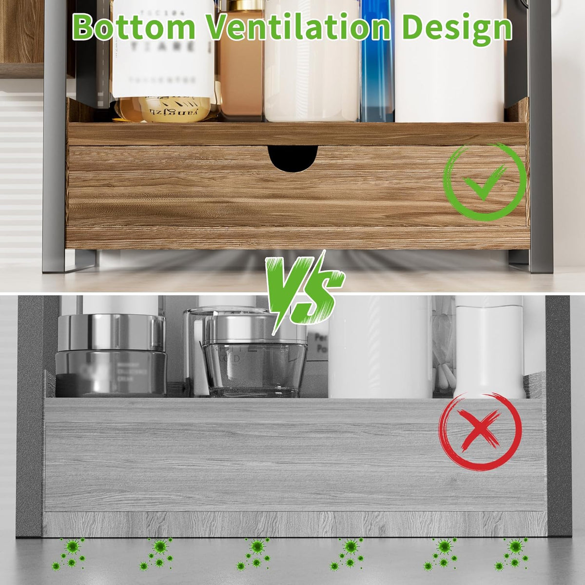 Two-Tier Bathroom Counter Organizer – Wood Shelf with Drawer & Basket