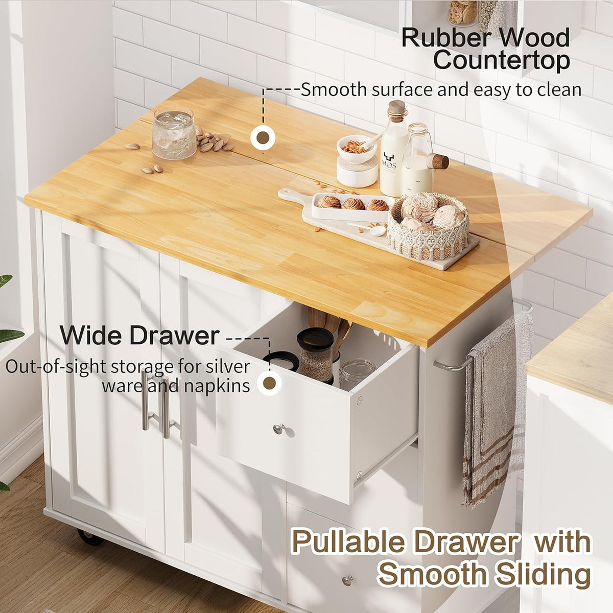 Rolling Kitchen Island – 39.7-Inch, Drop Leaf, Drawers & Cabinet