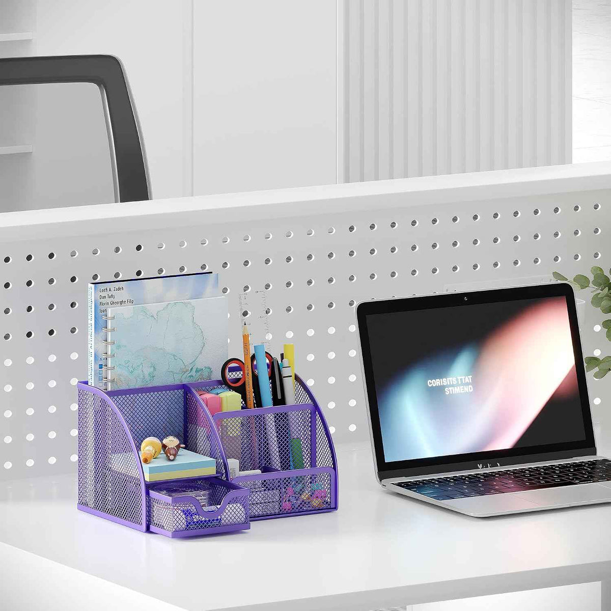 EasyPAG Mesh Desk Organizer with Drawer Multi-functional Pen Holder Stationery Organizer for Office School Supplies 6 Compartments Dorm Organizers and Storage for Desk, Purple