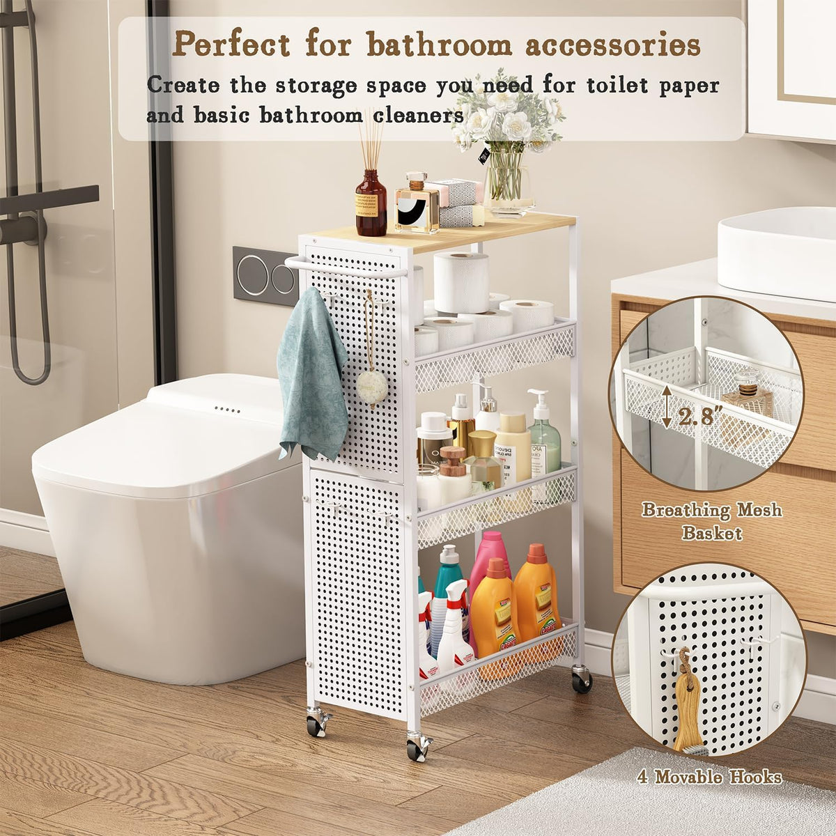 Slim Wood-Top Rolling Laundry Storage Cart - Field & Nook