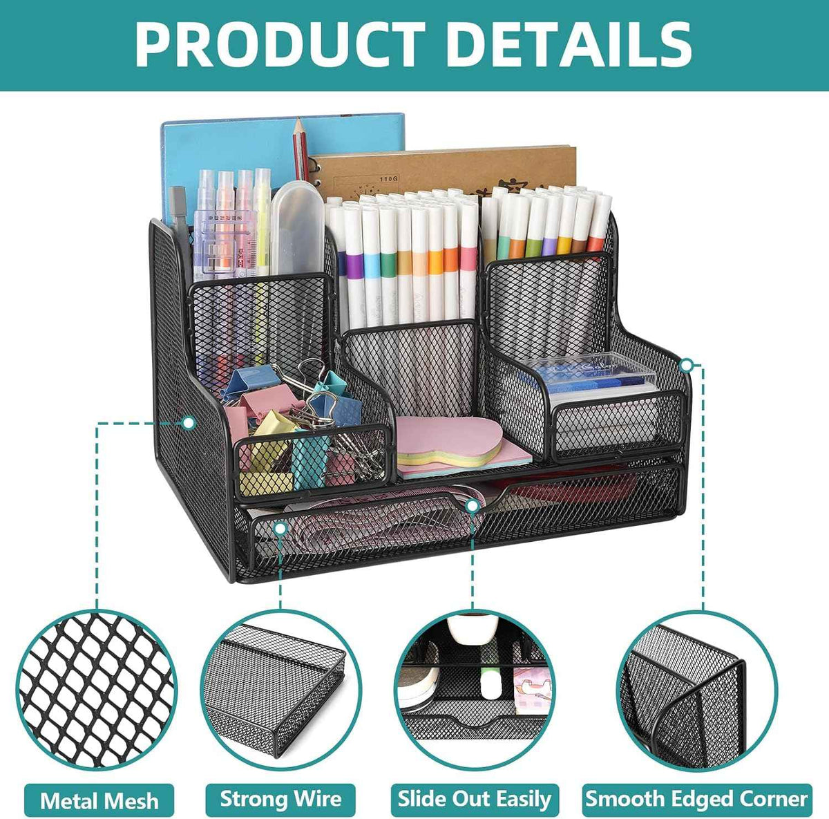 Black Mesh Desk Organizer Caddy and Accessories with 7 Compartments, Mesh Multifunctional Desktop Accessories Organizers Office Supplies Desktop Organizer for Home, Office