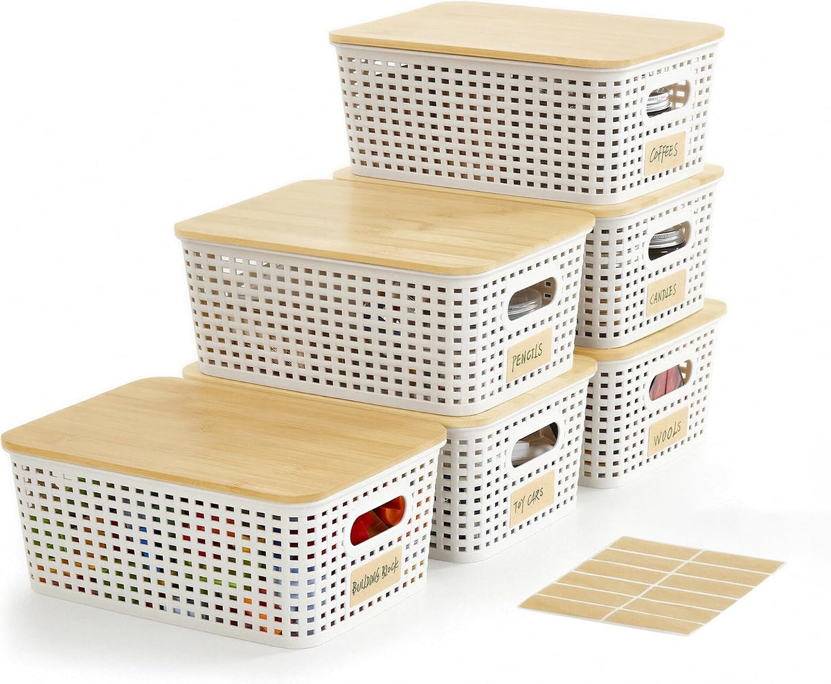 Small Plastic Storage Bins with Bamboo Lids 5.2qt Stackable Box Basket Pantry Decorative Containers Cute with Labels for Organizing Desktop Closet Office Cream White of 6 packs 10*7.2*4.1" - Field & Nook