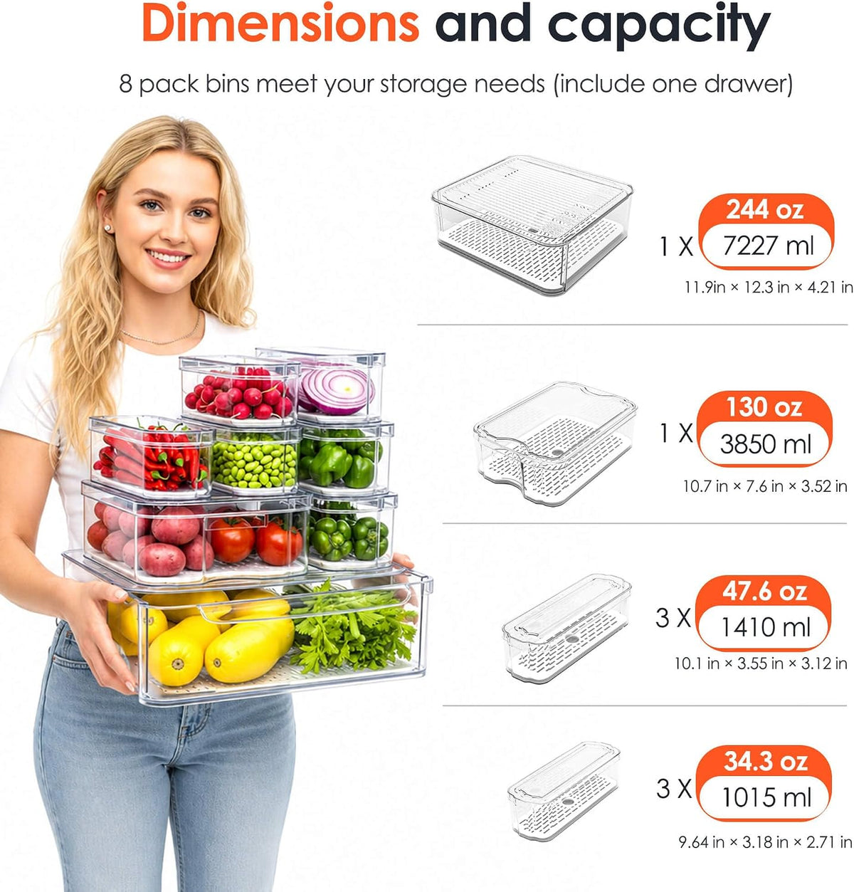 SMRCAD 8 Pack Clear Fridge Organizer Bins with Drain Trays - Stackable | BPA-Free PET, 8 Pack: 1 Drawer + 7 lidded Bins, Helps Keep Produce Fresh, 18.3L Capacity, Hand Wash Only - Field & Nook