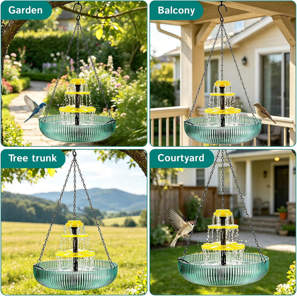 3-Tier Solar Powered Hanging Bird Bath Fountain Cascading Water Feeder for Hummingbirds Wild Birds[16.4FT/Extra Long Cord] for Outdoor,Garden, Patio, Backyard Decor