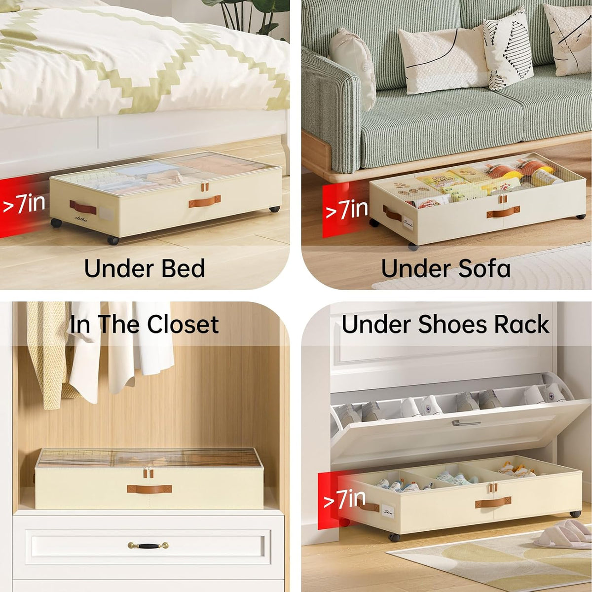 Yecaye Under Bed Storage with Wheels, 4 Pack Under Bed Storage Containers with Adjustable Dividers & Clear Window, Rolling Underbed Organizer Bins Drawers for Clothes, Shoes, Blankets, Beige - Field & Nook
