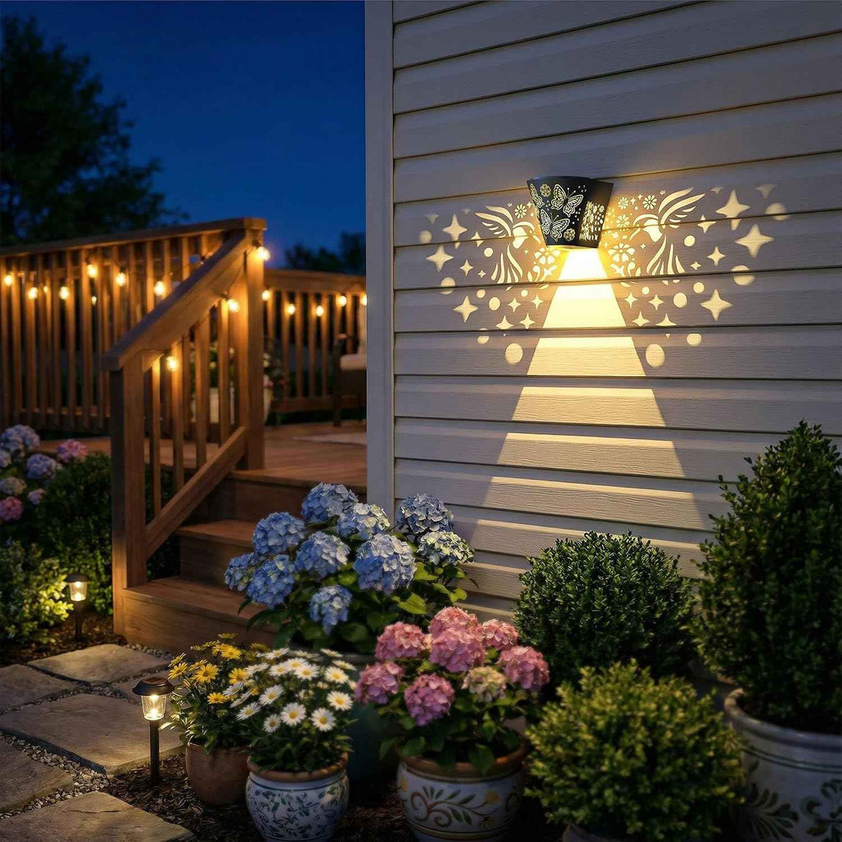 2 Pack Solar Fence Lights Outdoor Wall lihgts Decorations Metal Solar Deck Lights Waterproof LED Solar Powered Step Lights Warm White Light Decorative Lighting for Garden, Front Door, Backyard (metal)