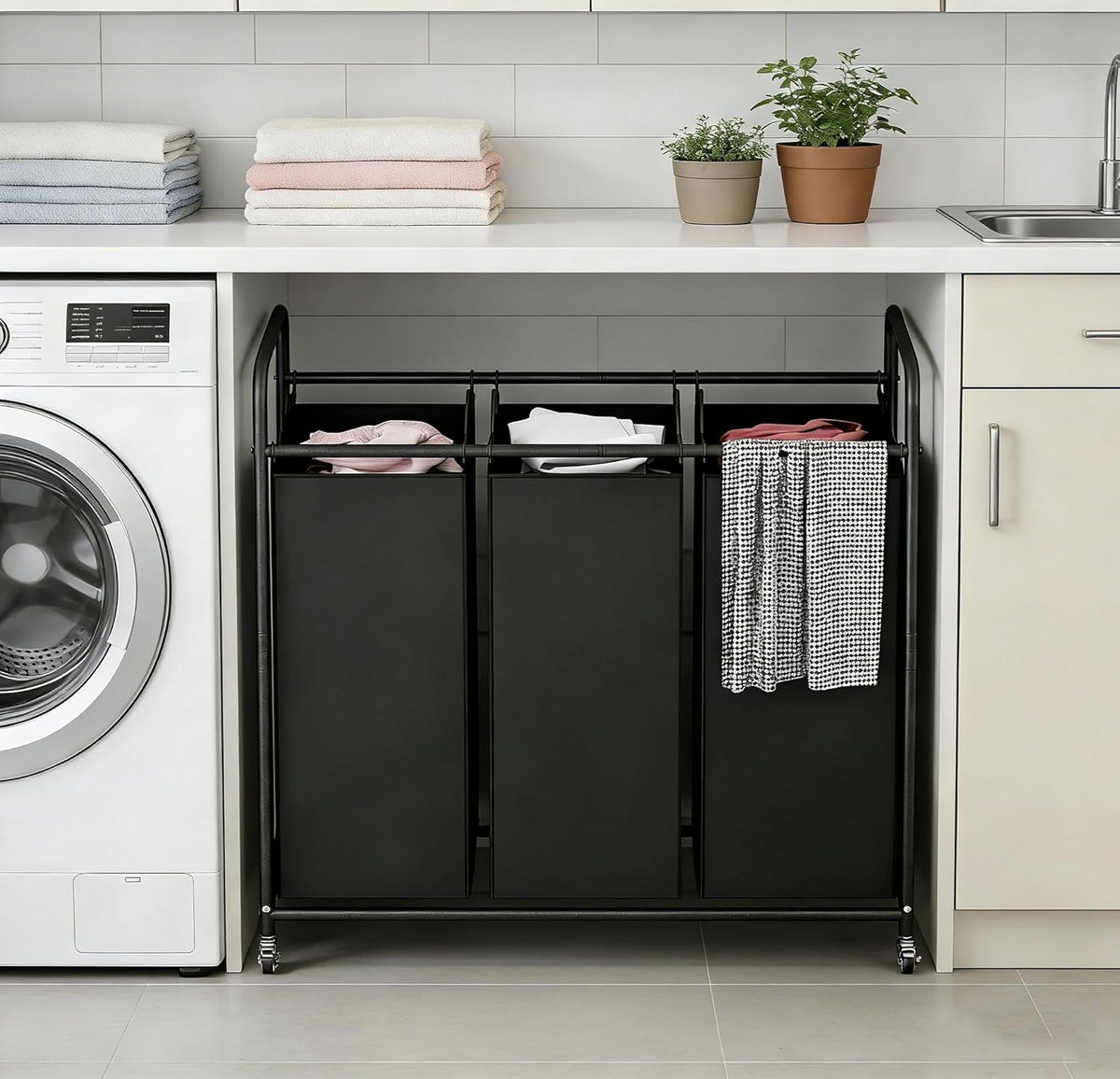 135L 3-Section Rolling Laundry Hamper – Black - Field & Nook