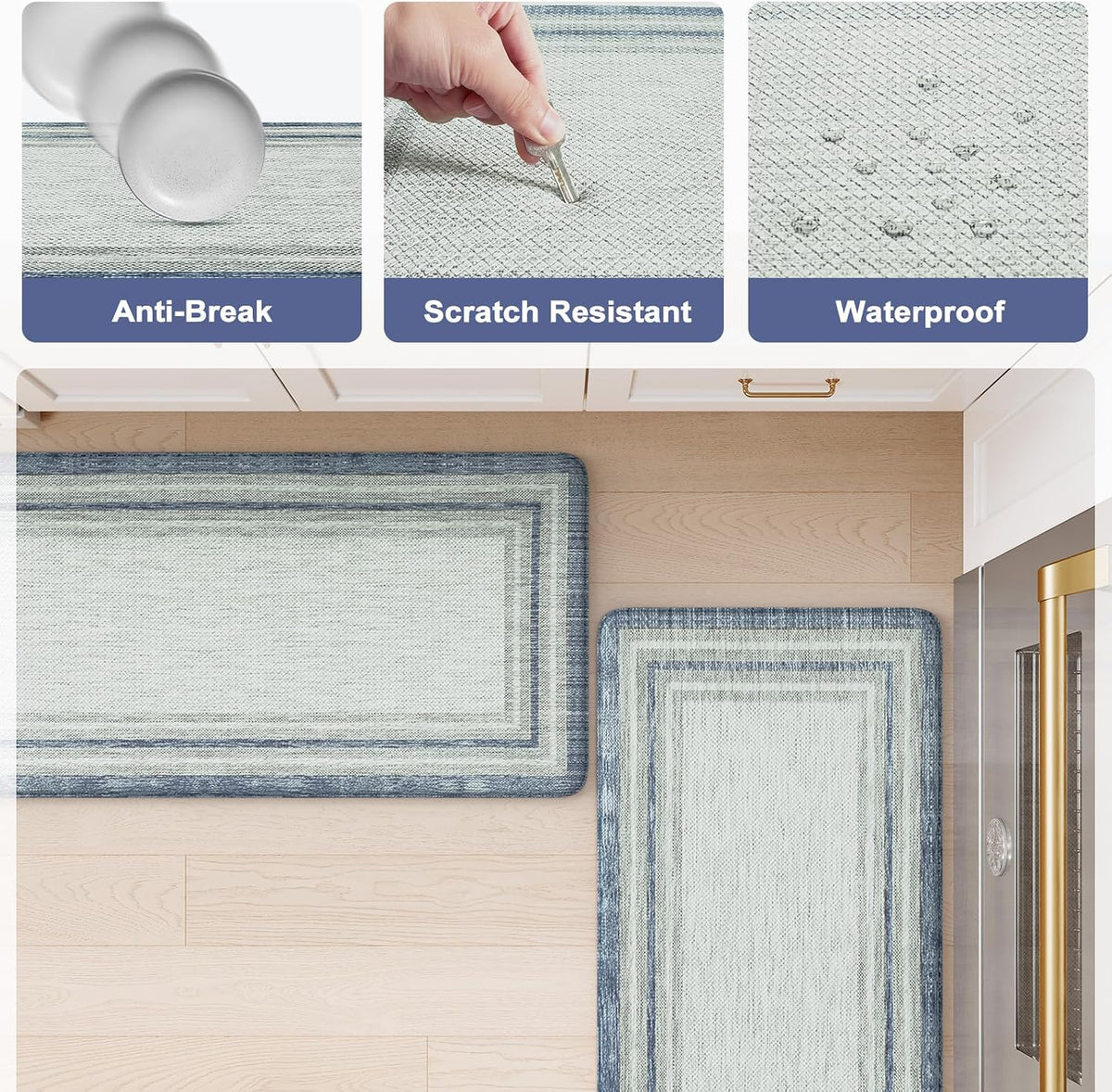 KIMODE Anti Fatigue Kitchen Mat 2 PCS Farmhouse Kitchen Rugs Sets of 2 | Blue Gray Home Decor Waterproof Kitchen Mat for Floor Laundry Room Rug,Cushioned Comfort Foam Standing Mat for Office Sink