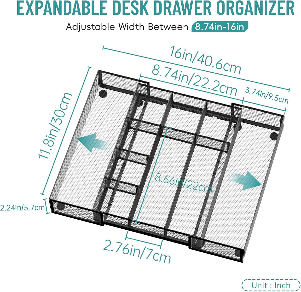 2 Pack Expandable Desk Drawer Organizer, 10 Compartments, Black | Metal mesh drawer organizer tray with 5 removable dividers, expands from 8.74 to 16 in for office supplies, makeup or tools - Field & Nook