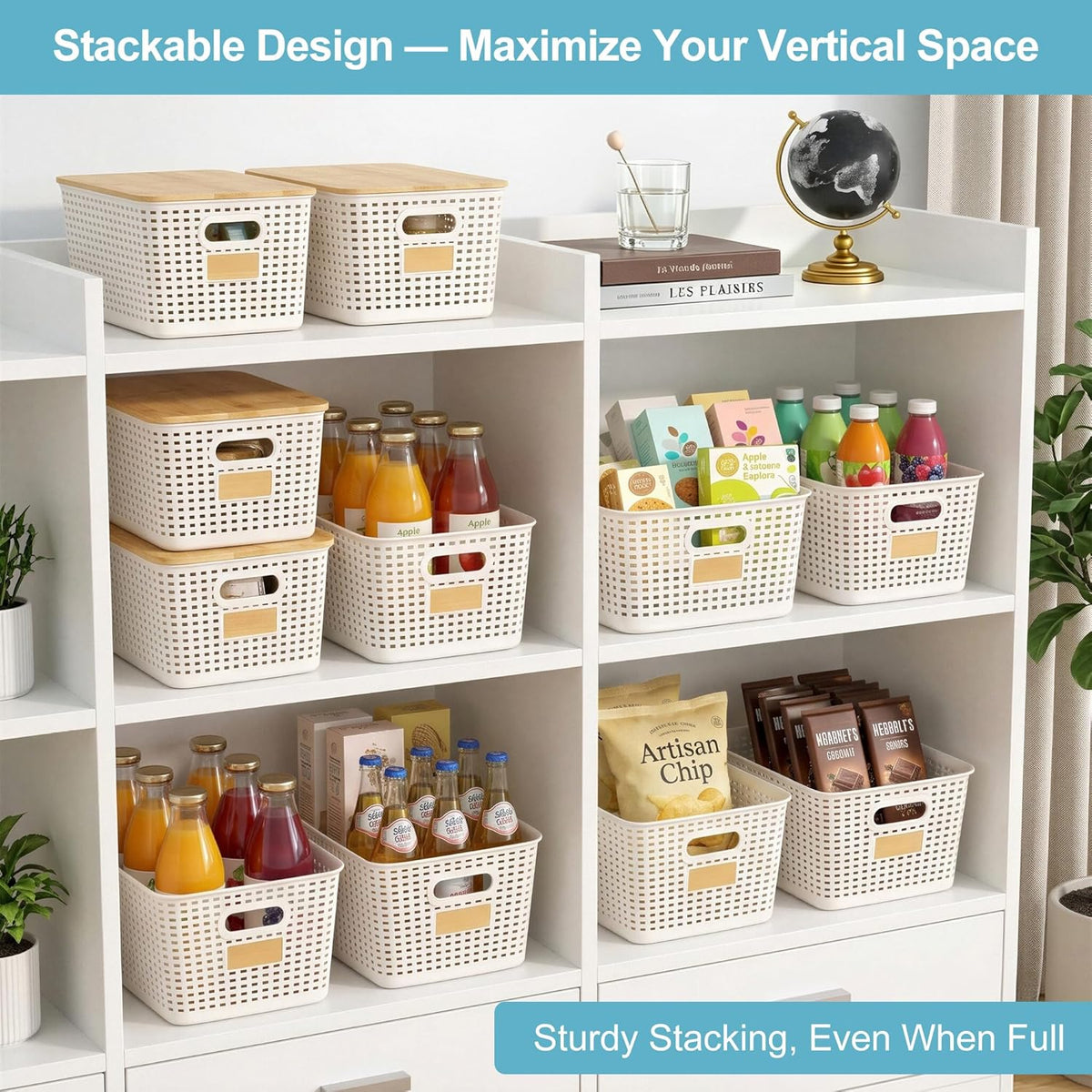 2 Pack Tall Plastic Storage Bins with Bamboo Lids, 10.8qt Stackable Storages Baskets for Organizing Desktop Closet Playroom Classroom Office, 12"L x 8.3"W x 6.1"H, Cream White - Field & Nook