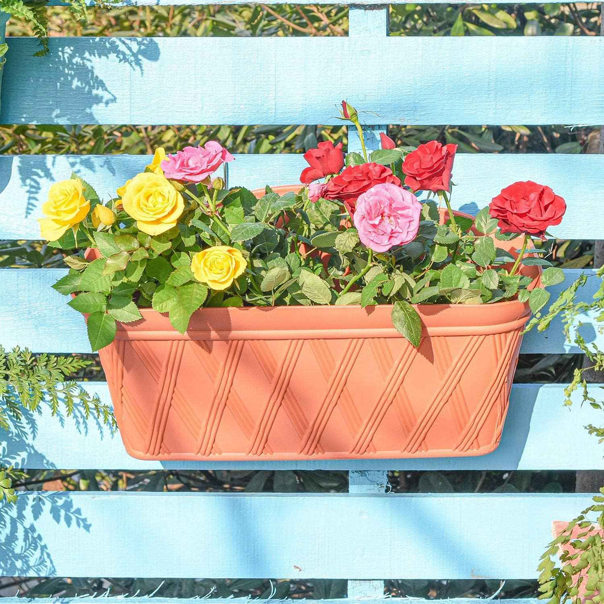 Sungmor 3 Pack Wall Hanging Planters, 16.5 Inch Railing Fence Hanging Flower Pots, Thickened Plastic Water Storage Plant Pot, Indoor Outdoor Garden Balcony Decor, Large Terracotta Color Plant Basket
