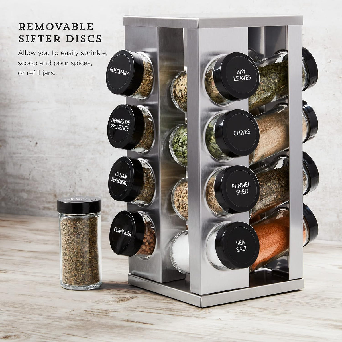 Kamenstein 16 Jar Heritage Revolving Countertop Spice Rack Organizer with Spices Included, FREE Spice Refills for 5 years, Brushed Stainless Steel with Black Caps - Field & Nook