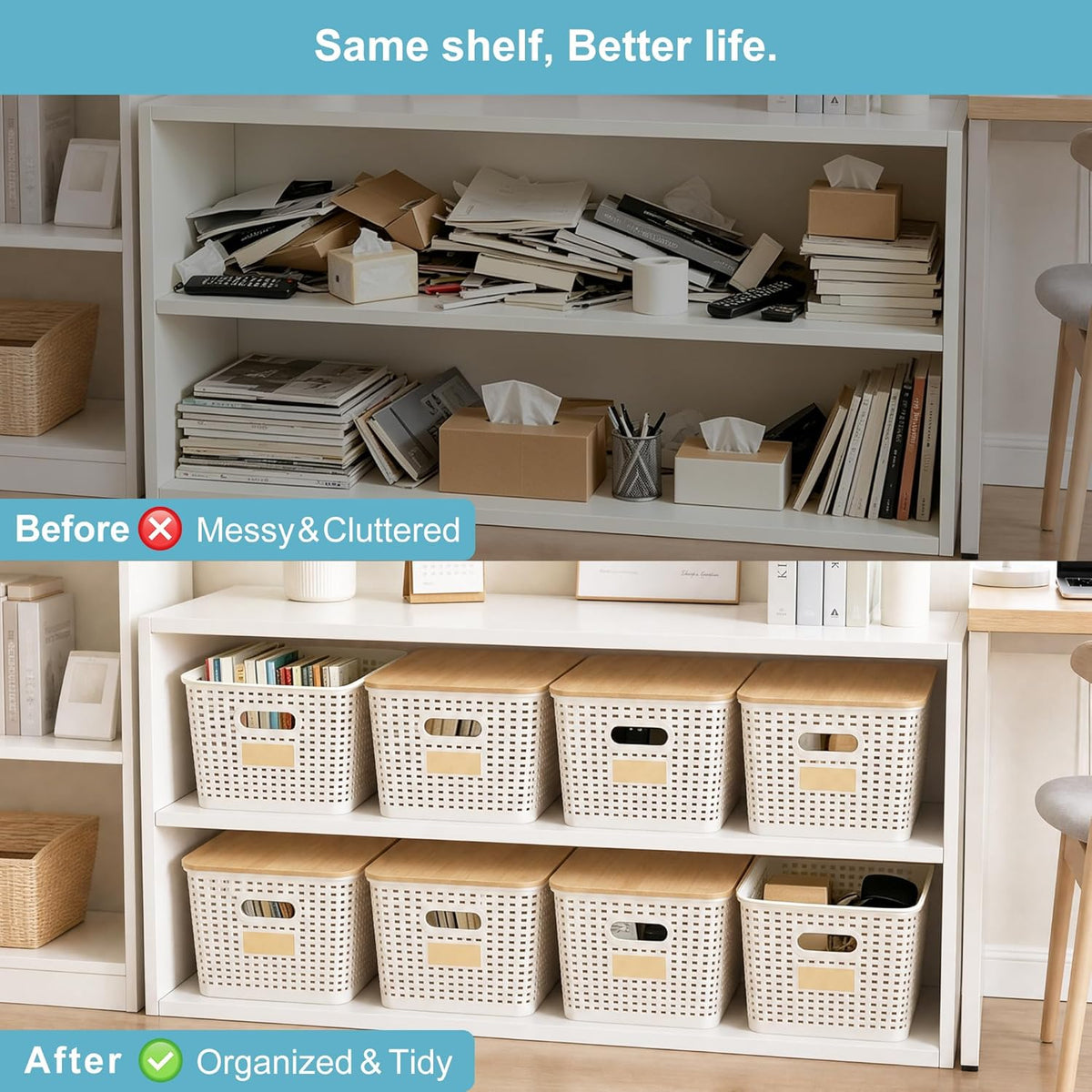 2 Pack Tall Plastic Storage Bins with Bamboo Lids, 10.8qt Stackable Storages Baskets for Organizing Desktop Closet Playroom Classroom Office, 12"L x 8.3"W x 6.1"H, Cream White - Field & Nook