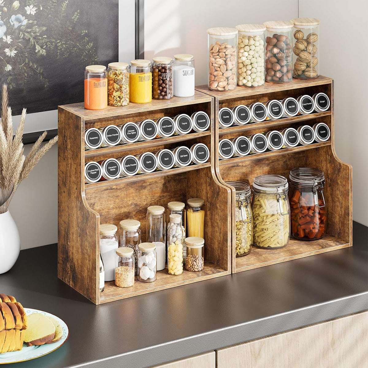 Simple Trending Spice Rack Organizer, 3 Tire Wood Kitchen Counter Spice Rack, Large Counter Seasoning Organizer Storage Shelf for Pantry, Kitchen, 7” W × 14.3” H, Brown - Field & Nook