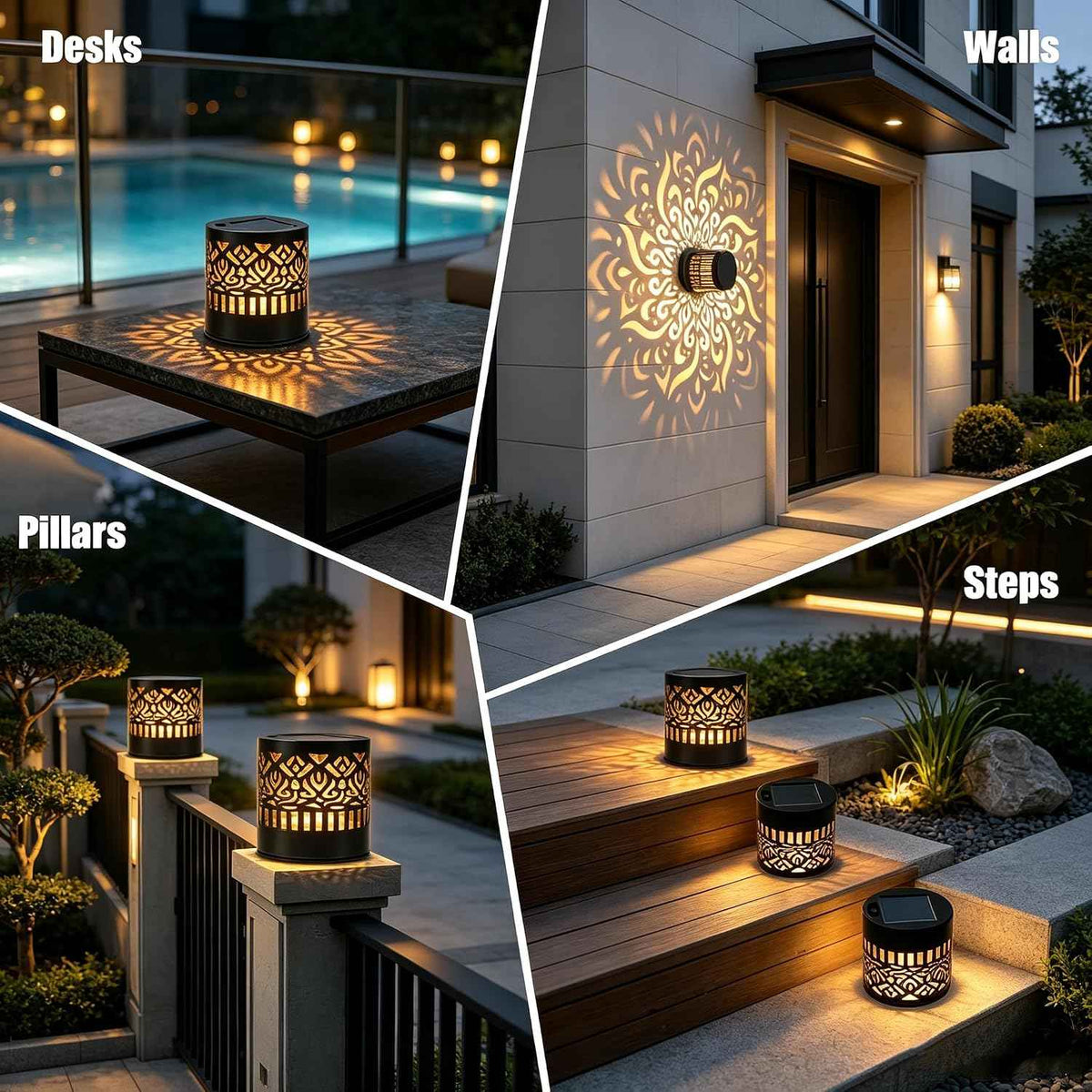 Solar Mandala Outdoor Wall Lights, 4 Pack 7 Color Changing Metal Fence Lanterns, Waterproof Solar Powered Deck Step Stair Lights for Garden Patio Yard Landscape Decor